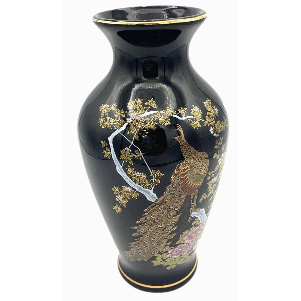 Medium Vintage Yamaji Vase Peacock Cherry Blossom Flowers Black Porcelain Japan